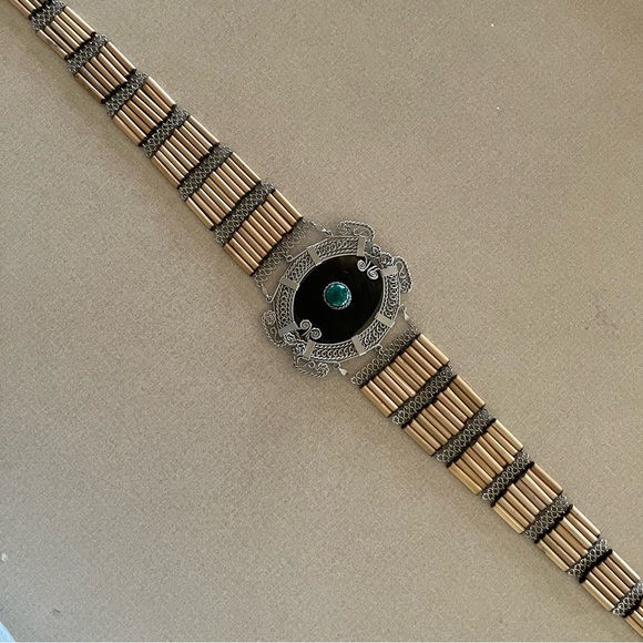 Vintage Bohemian Belt with Malachite Stone, Silver, Wood, Horn Handmade Ethic main image 4